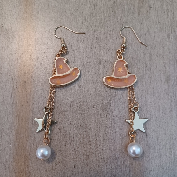 Pink Witch Hat Chains Stars Pearls Dangle Drop Earrings - Picture 4 of 5